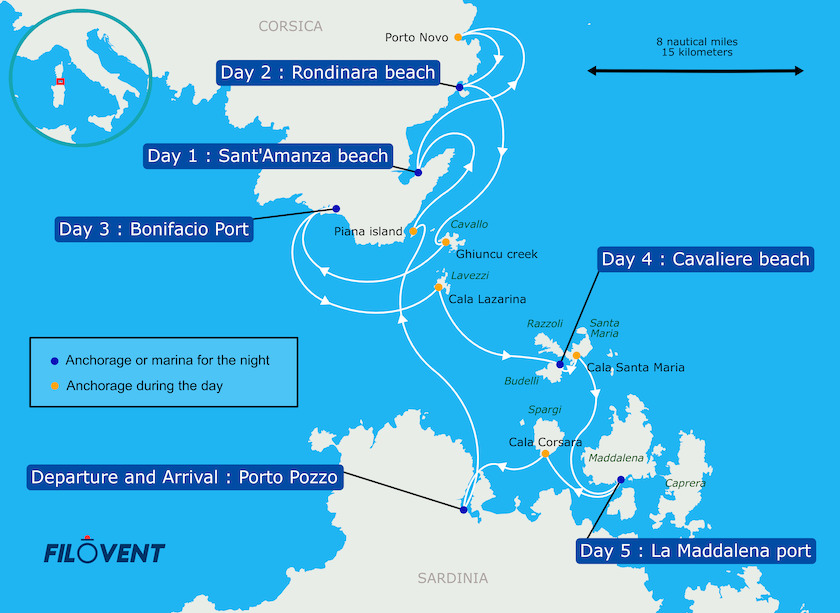 cartina itinerario in barca nord sardegna e corsica
