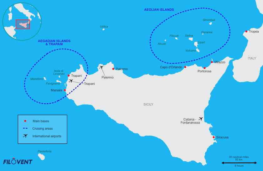 Carte des zones de navigation en Sicile