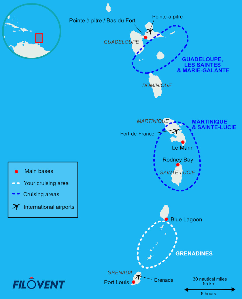 Carte des zones de navigations dans les Antilles