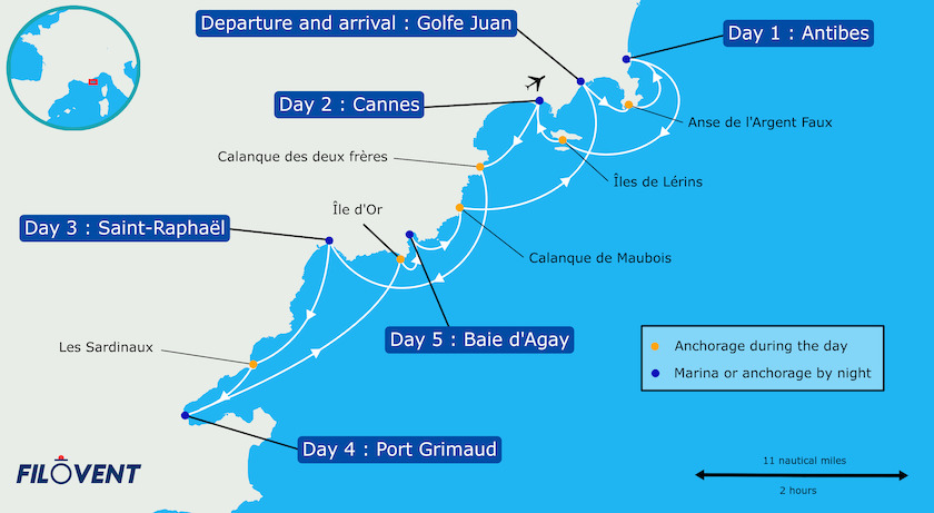 Itinéraire de navigation au départ de golfe juan