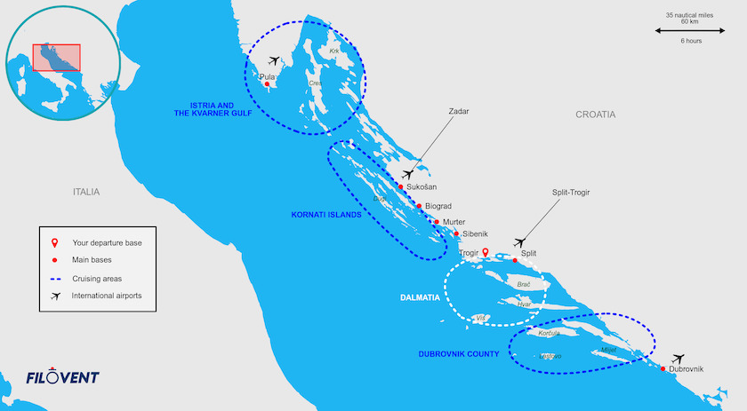 Map of sailing areas in Croatia