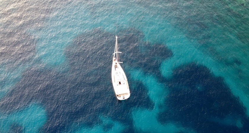 Aerial view of an Oceanis 43 off the Croatian coast