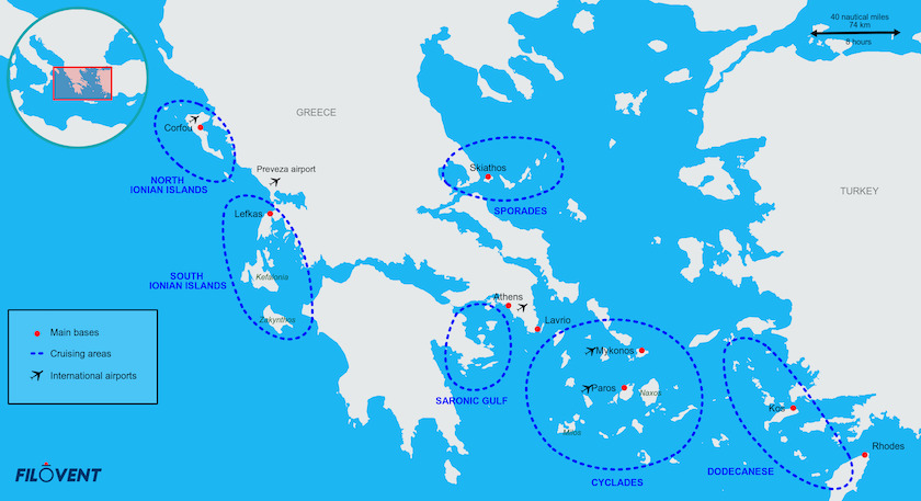 Map of sailing areas in Greece