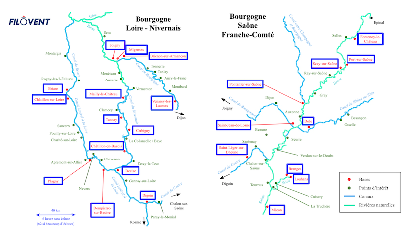 Carte de la navigation fluviale en Bourgogne
