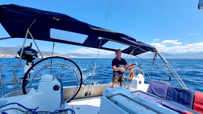 Stéphane at the helm on a Dufour 460 GL